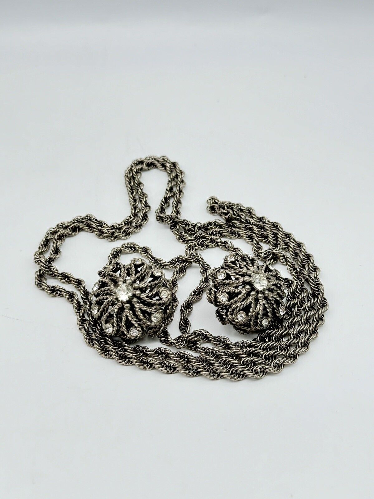 Vintage Silver Tone Lariat Chain Necklace Or Belt With Rhinestones ca. 62”