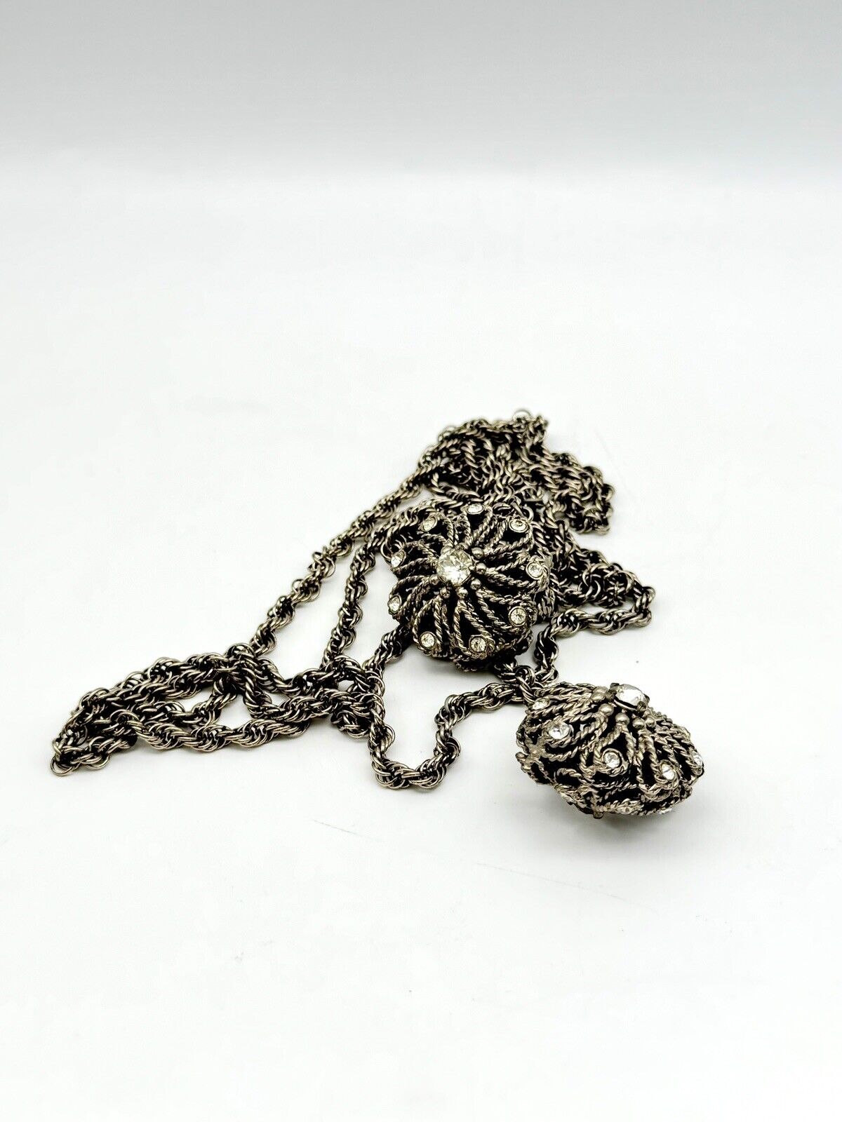 Vintage Silver Tone Lariat Chain Necklace Or Belt With Rhinestones ca. 62”