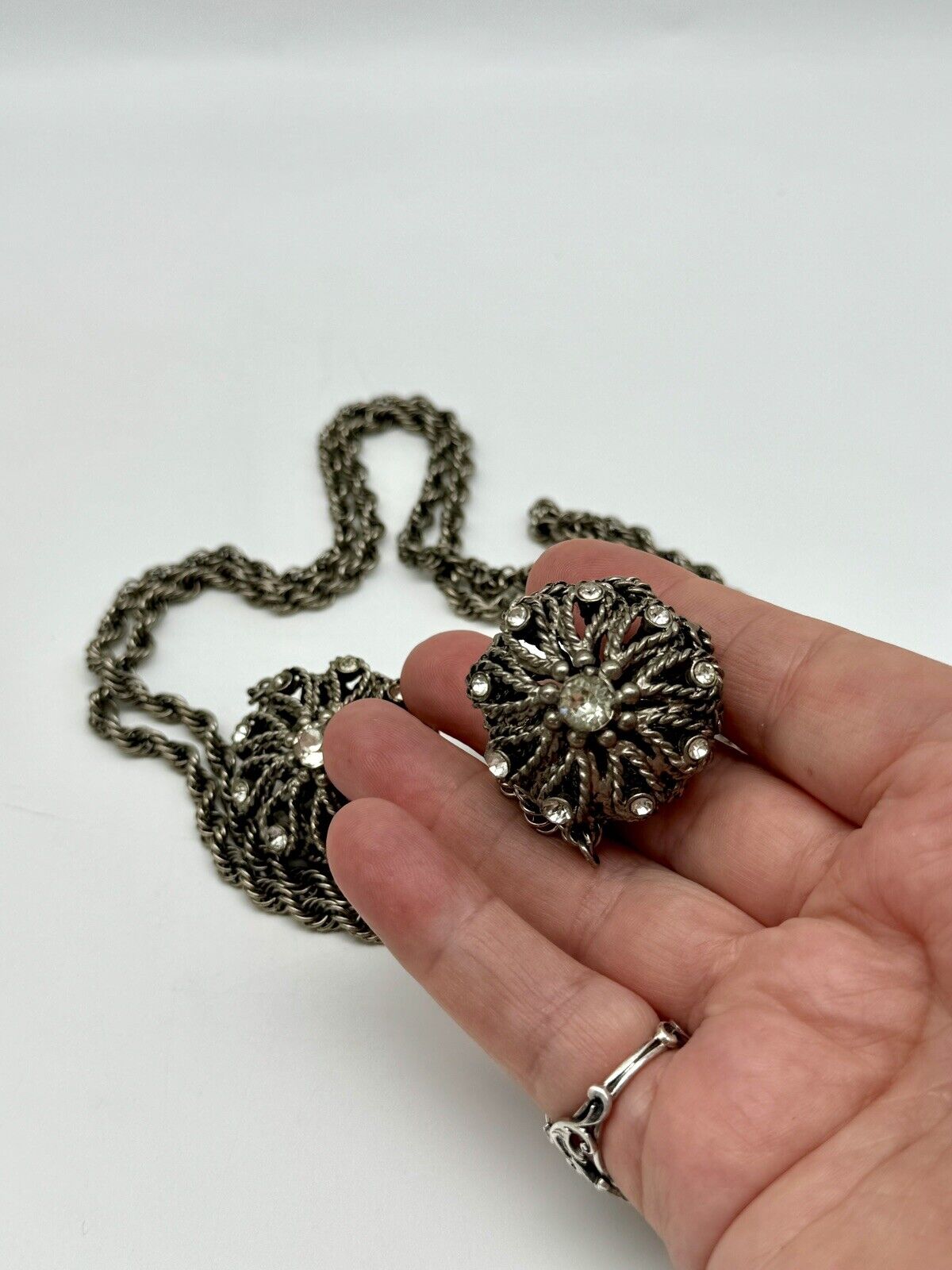 Vintage Silver Tone Lariat Chain Necklace Or Belt With Rhinestones ca. 62”