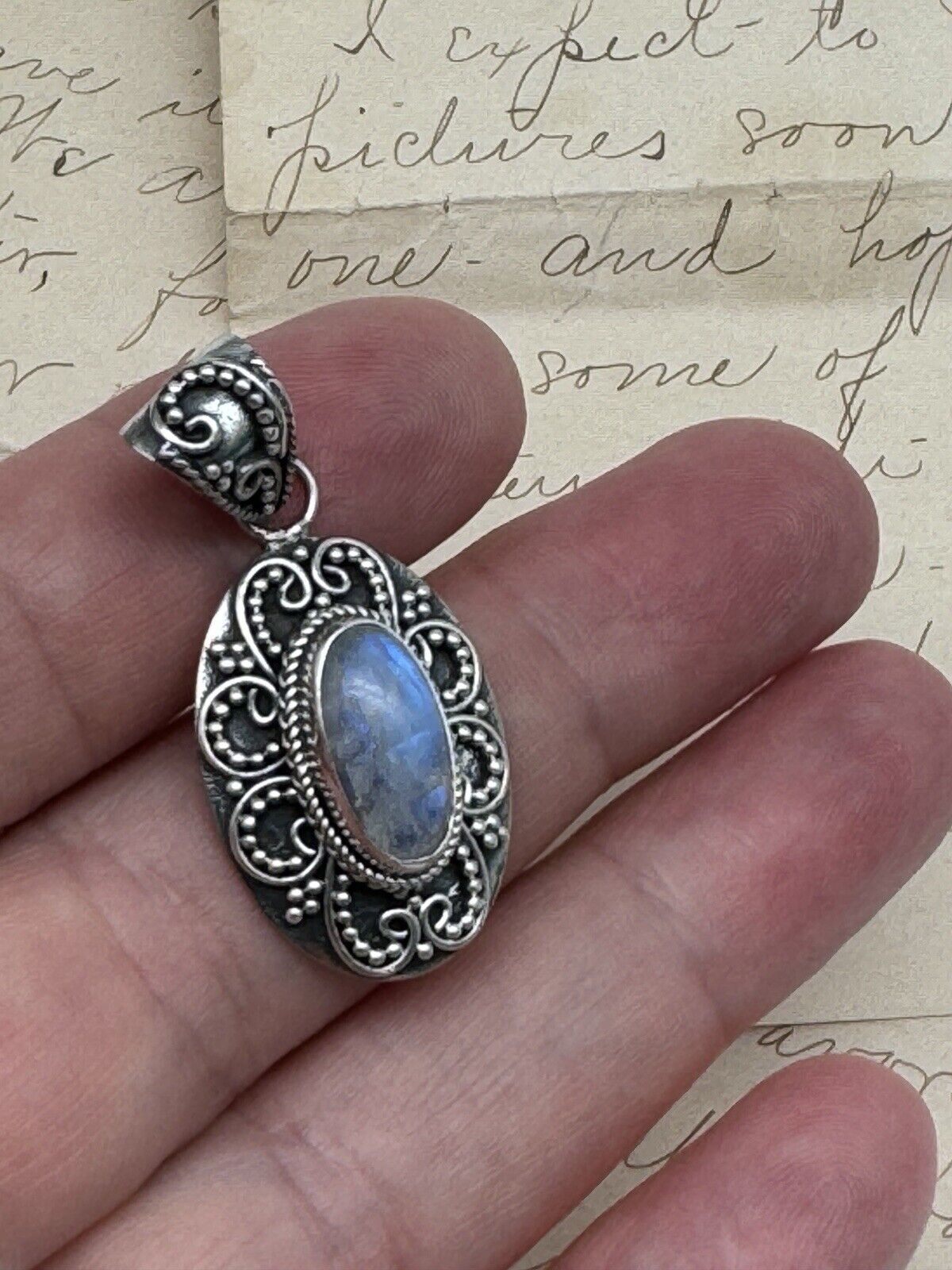 Sterling 925 Pendant With Blue Grey Stone VINTAGE