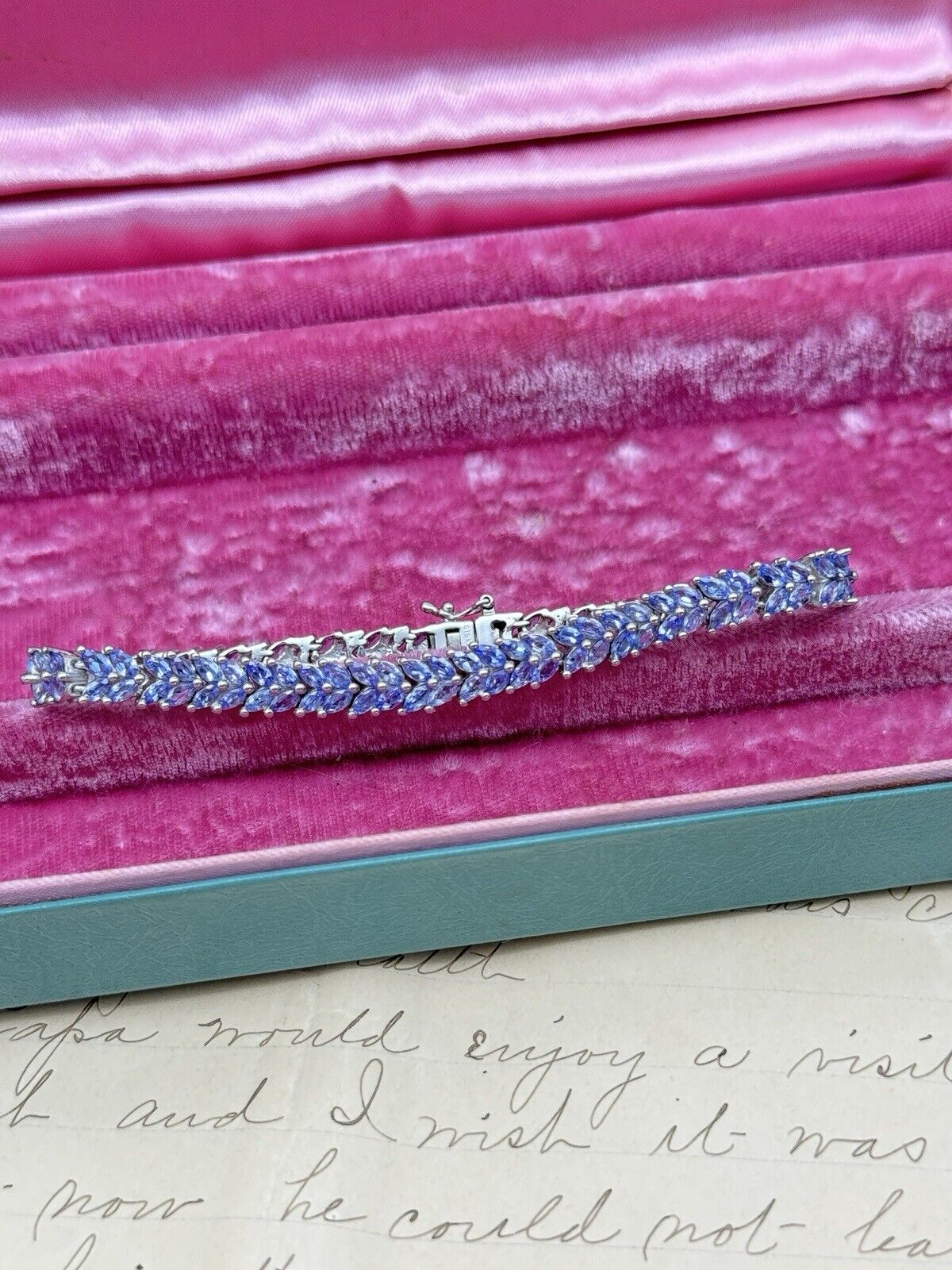 Lilac Rhinestone Silver Tone Tennis Bracelet 8” Signed STS KARIS