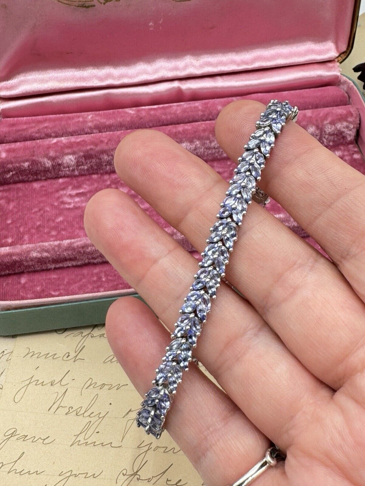 Lilac Rhinestone Silver Tone Tennis Bracelet 8” Signed STS KARIS