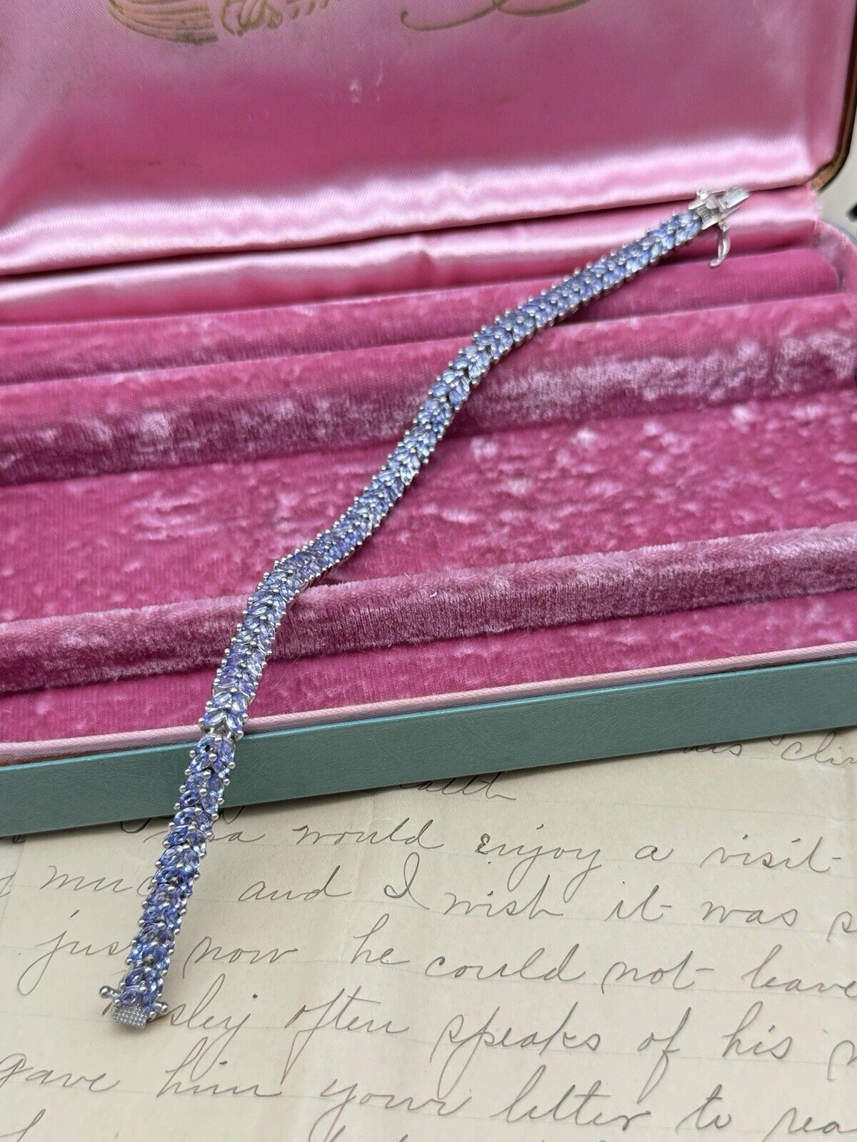 Lilac Rhinestone Silver Tone Tennis Bracelet 8” Signed STS KARIS