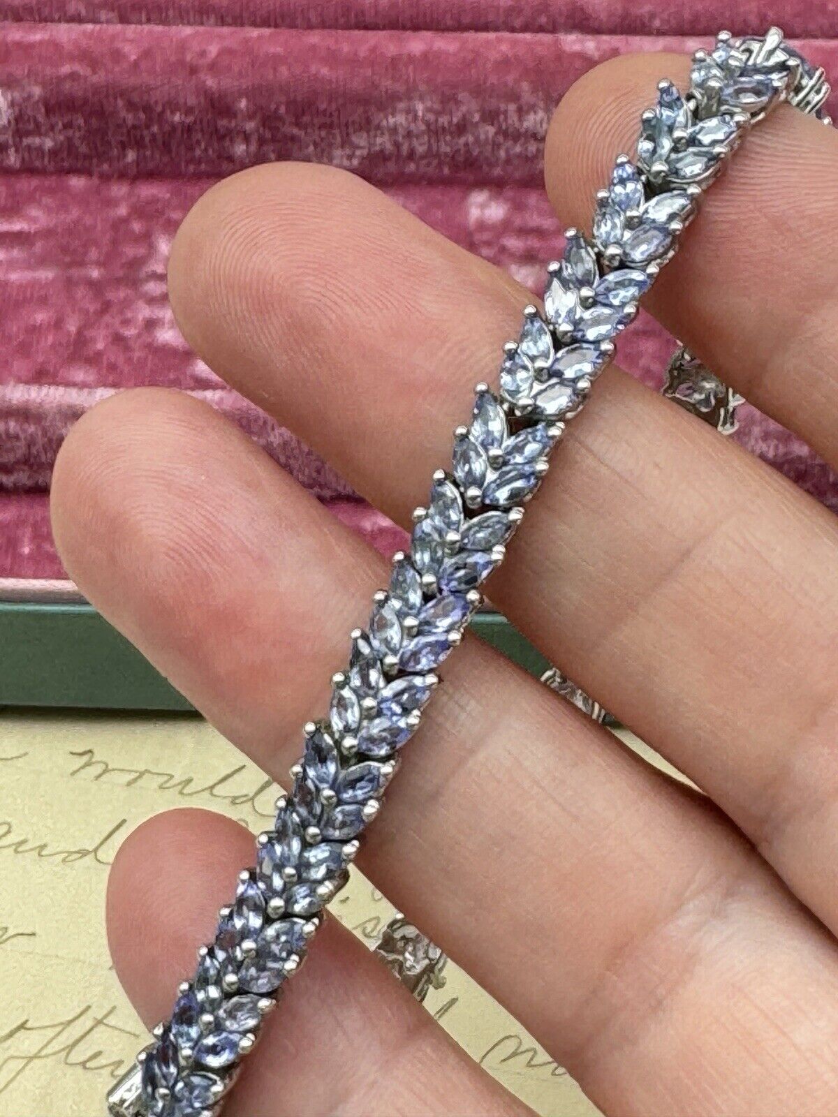Lilac Rhinestone Silver Tone Tennis Bracelet 8” Signed STS KARIS
