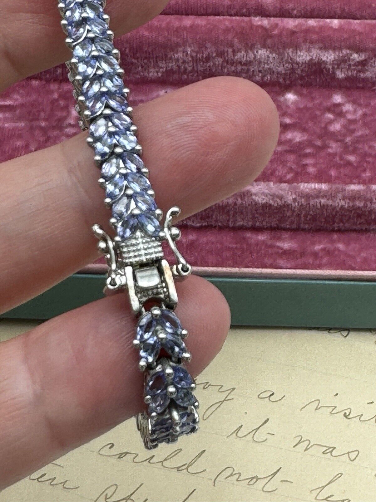 Lilac Rhinestone Silver Tone Tennis Bracelet 8” Signed STS KARIS