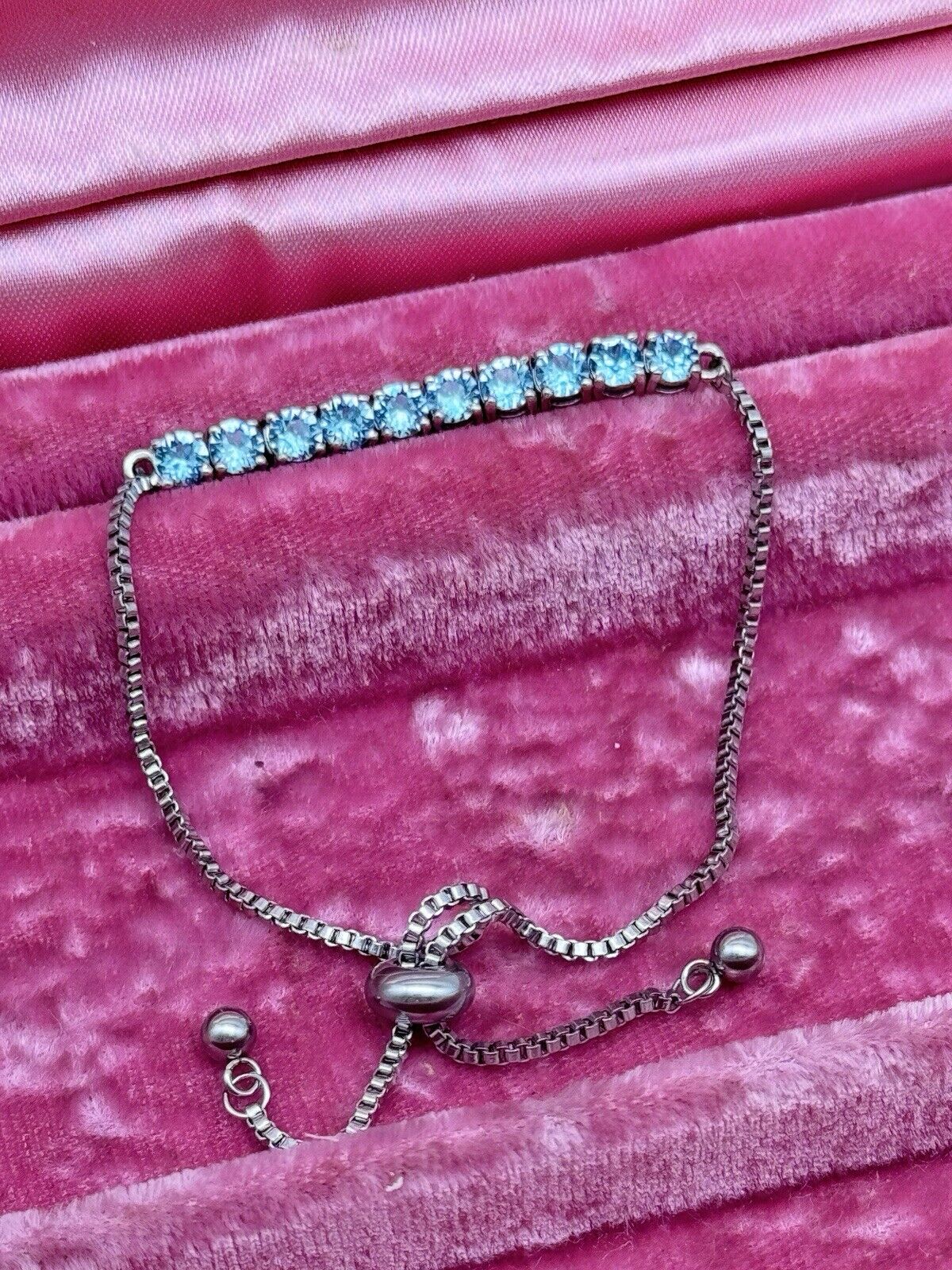 Lariat Style Silver Tone Bracelet Blue Rhinestone Fits Serval Sizes