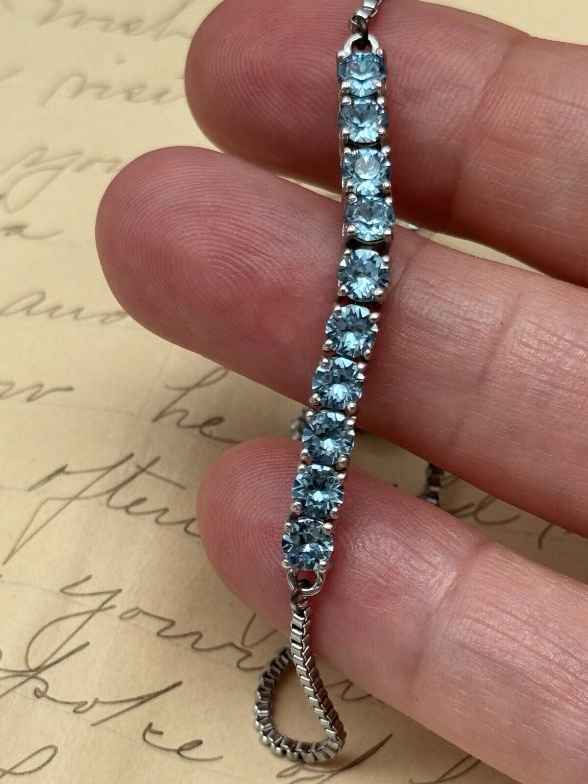 Lariat Style Silver Tone Bracelet Blue Rhinestone Fits Serval Sizes