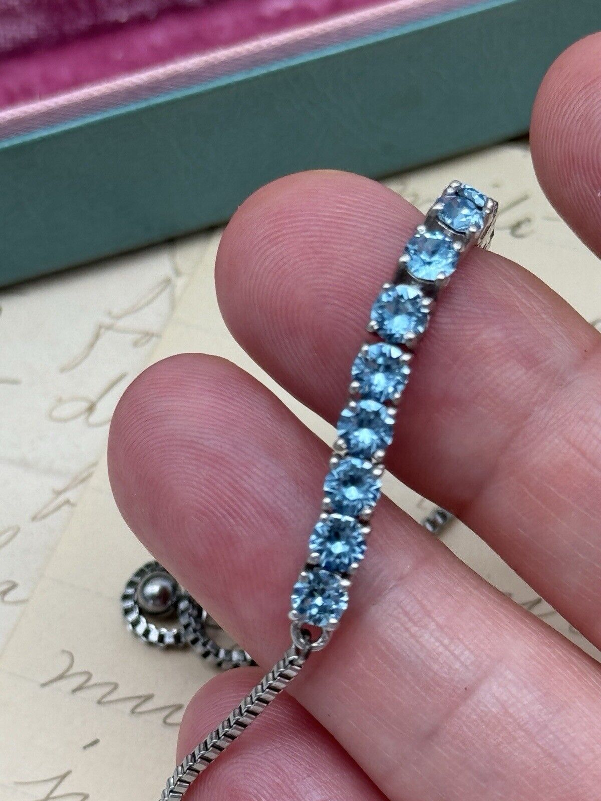 Lariat Style Silver Tone Bracelet Blue Rhinestone Fits Serval Sizes