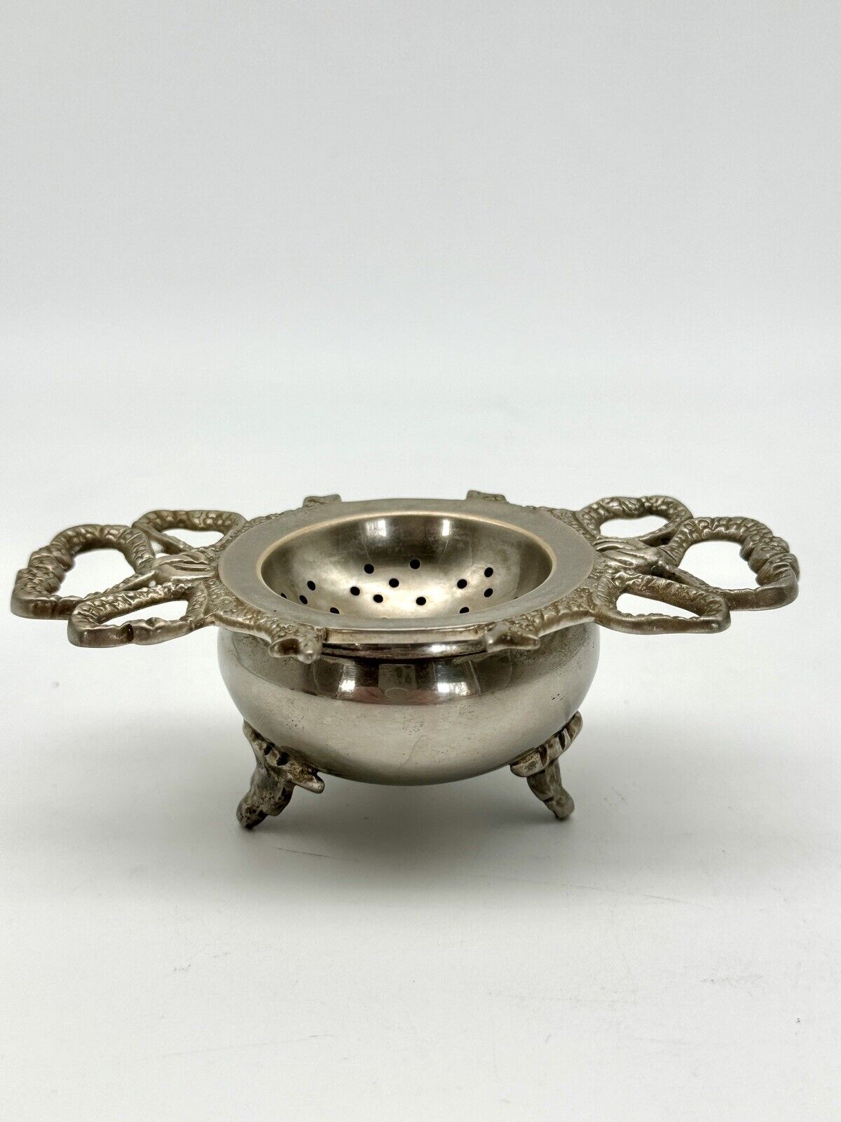 Vintage Silverplate Tea Strainer Bow Motif & Stand