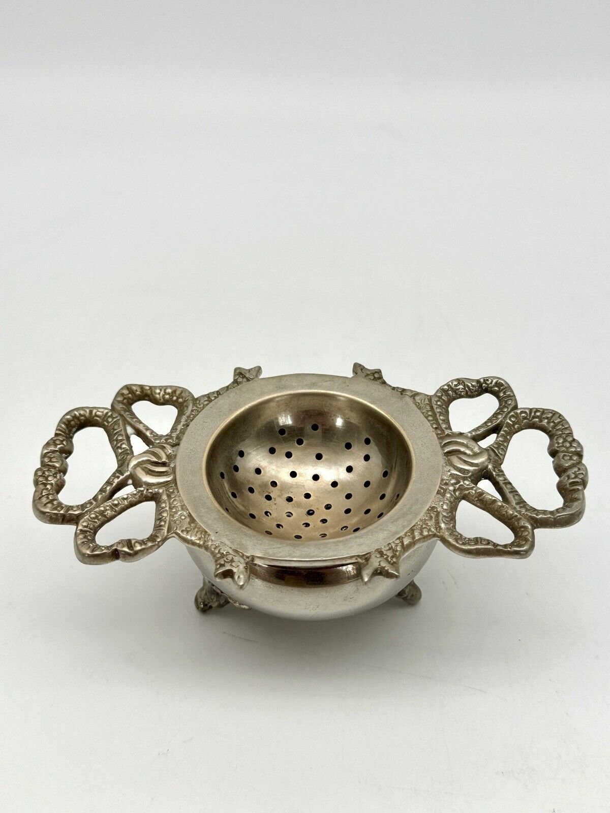 Vintage Silverplate Tea Strainer Bow Motif & Stand