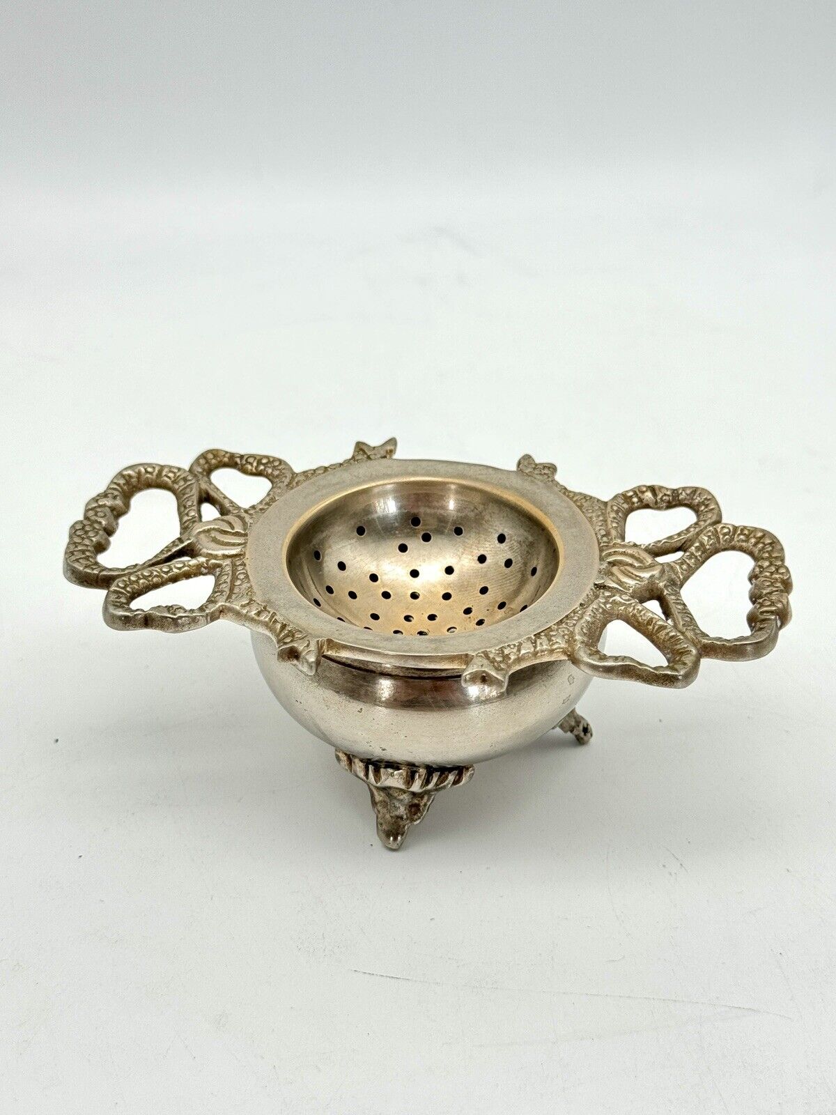 Vintage Silverplate Tea Strainer Bow Motif & Stand