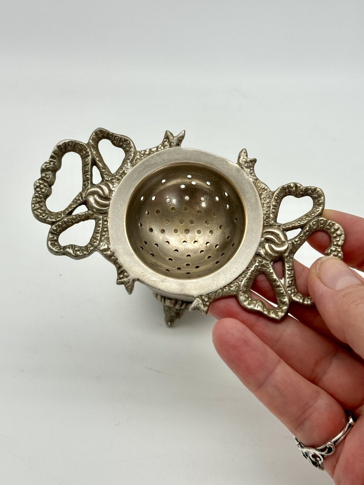 Vintage Silverplate Tea Strainer Bow Motif & Stand