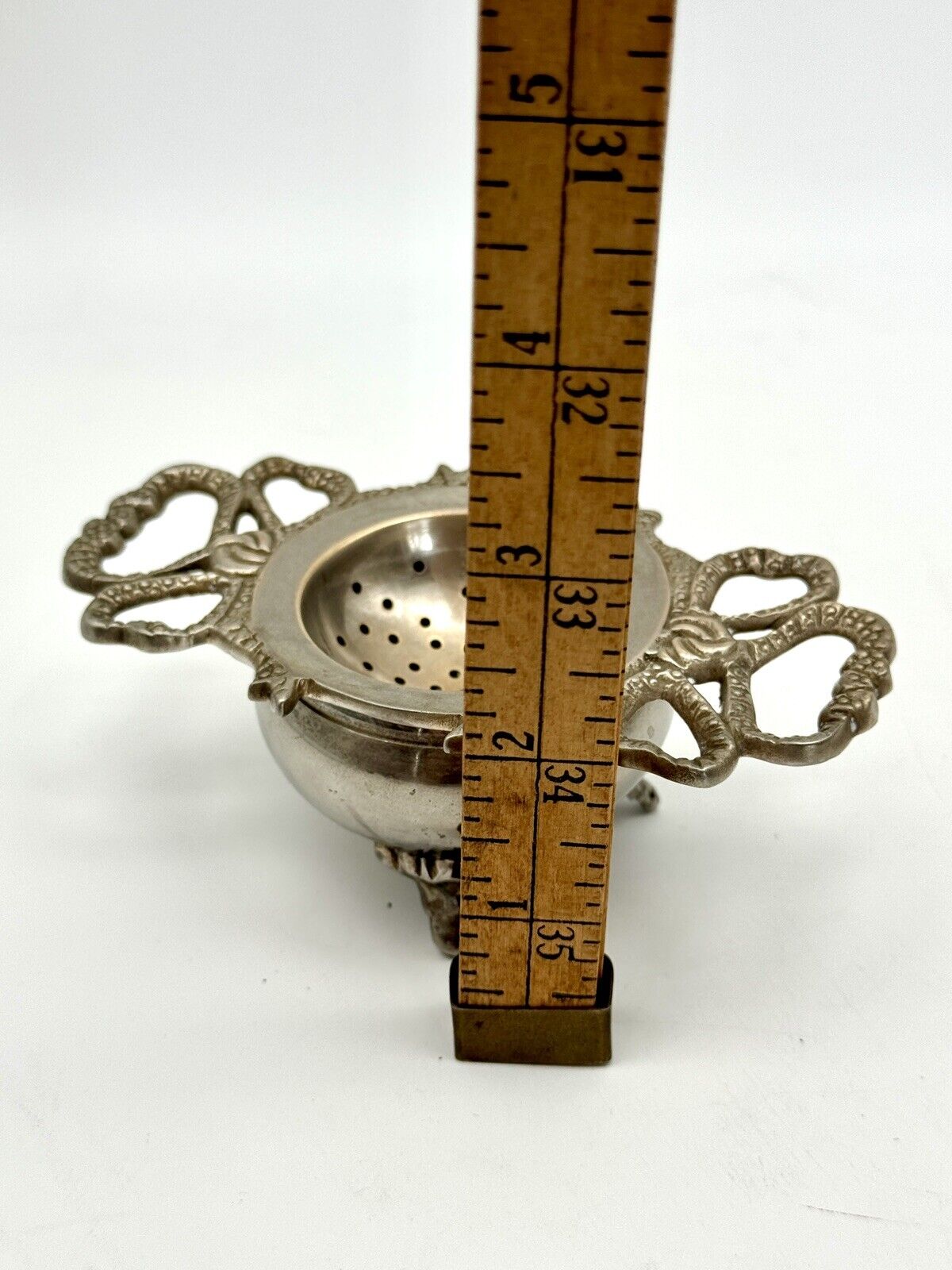 Vintage Silverplate Tea Strainer Bow Motif & Stand