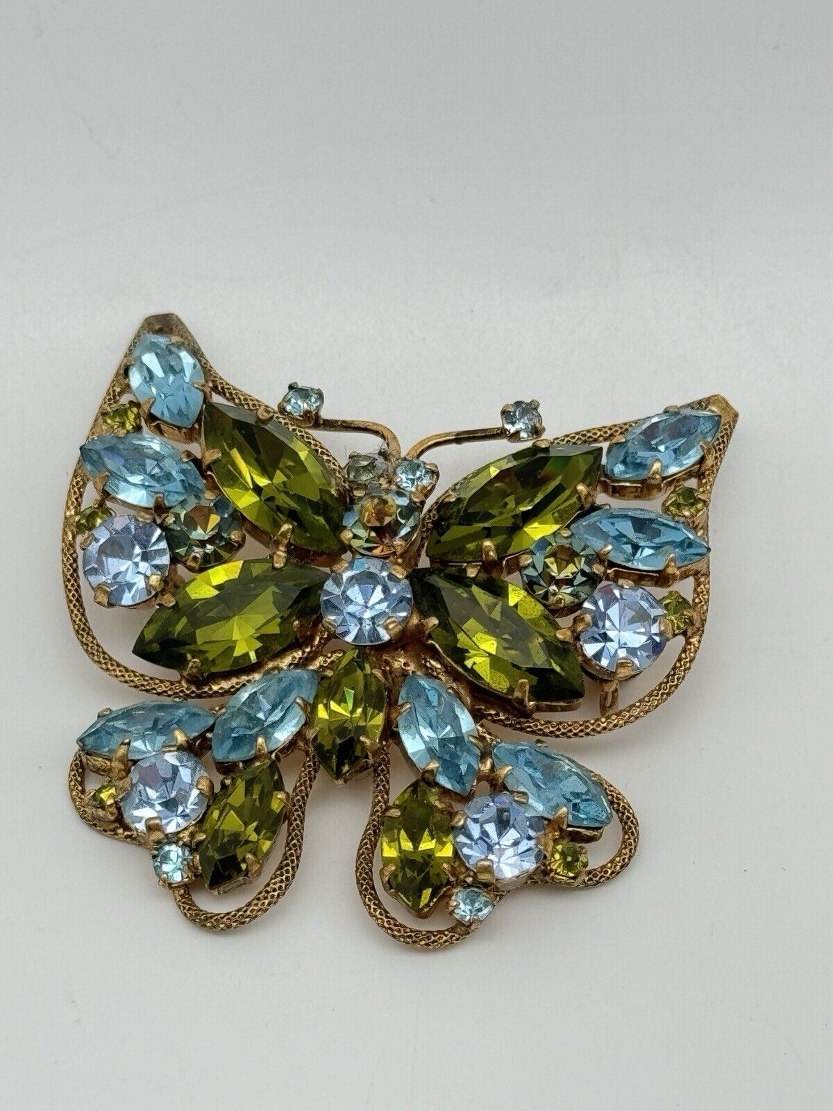 Vintage Austria Rhinestone Butterfly Brooch Signed Aqua Blue & Green