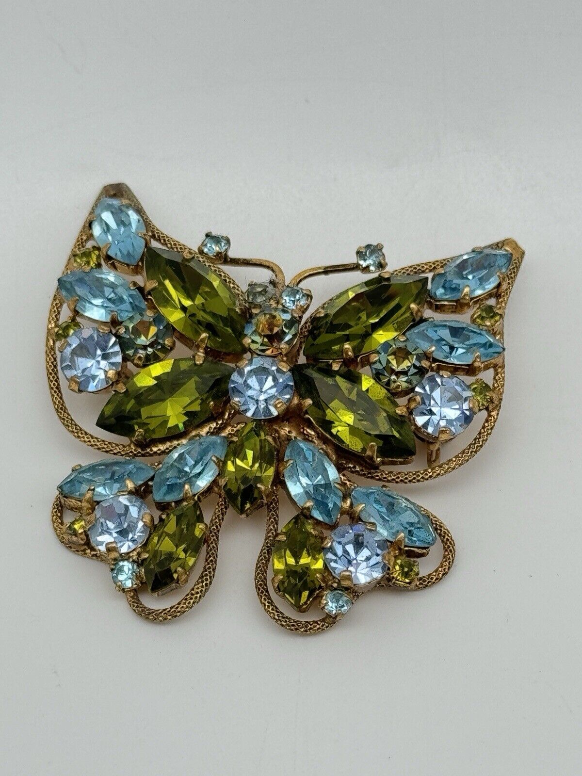 Vintage Austria Rhinestone Butterfly Brooch Signed Aqua Blue & Green