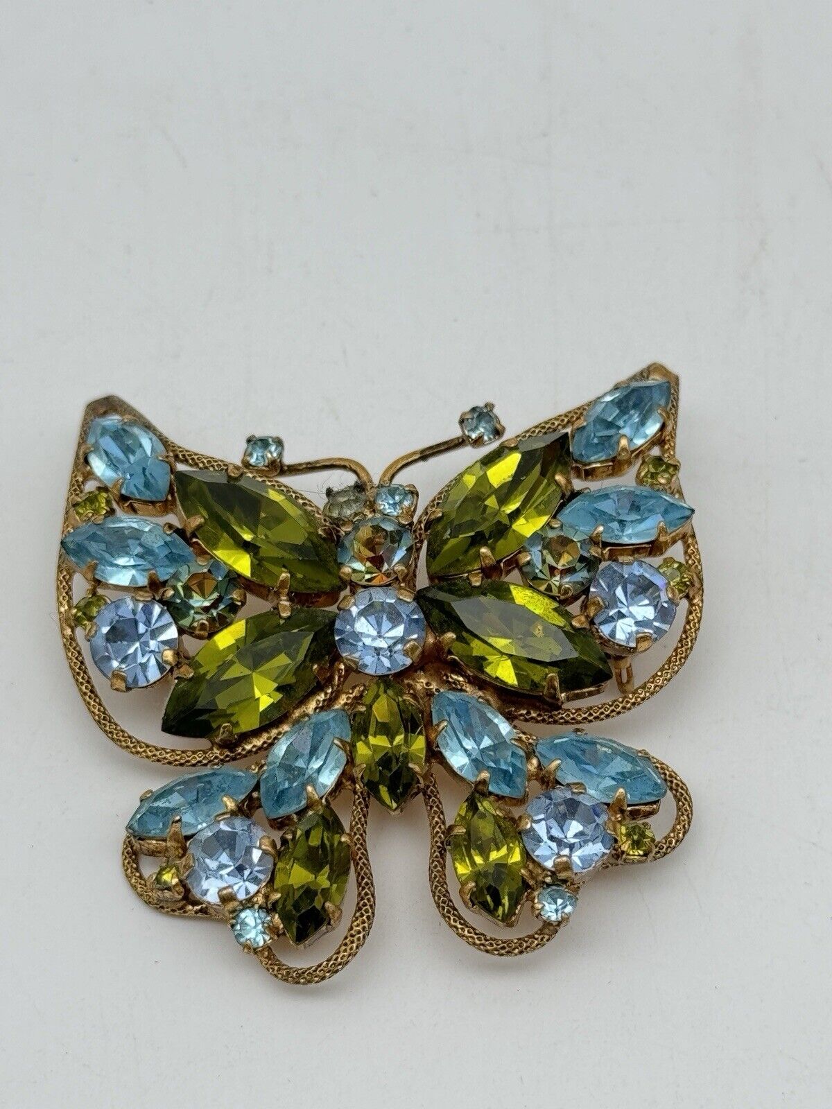 Vintage Austria Rhinestone Butterfly Brooch Signed Aqua Blue & Green