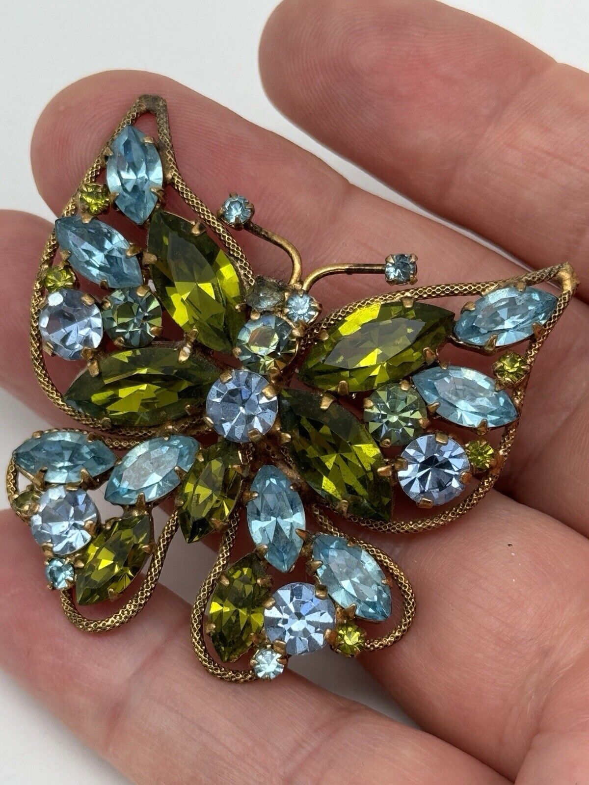 Vintage Austria Rhinestone Butterfly Brooch Signed Aqua Blue & Green