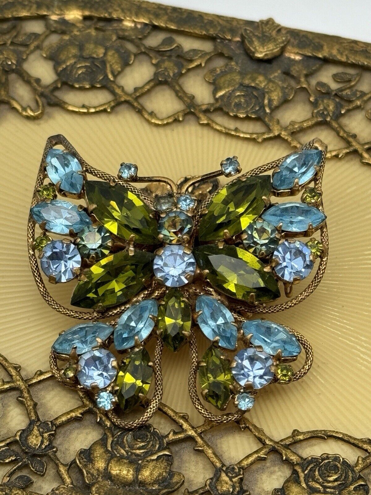 Vintage Austria Rhinestone Butterfly Brooch Signed Aqua Blue & Green