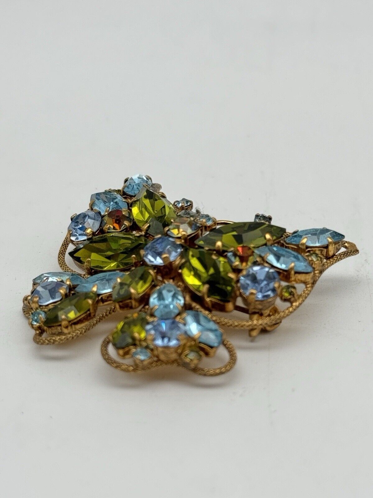 Vintage Austria Rhinestone Butterfly Brooch Signed Aqua Blue & Green