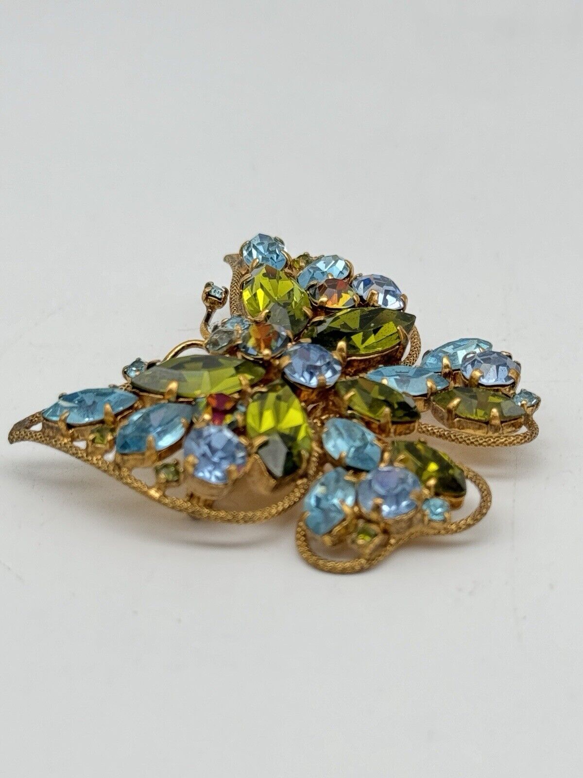 Vintage Austria Rhinestone Butterfly Brooch Signed Aqua Blue & Green
