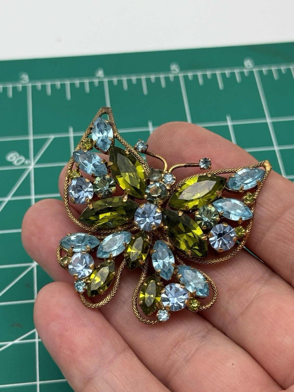 Vintage Austria Rhinestone Butterfly Brooch Signed Aqua Blue & Green
