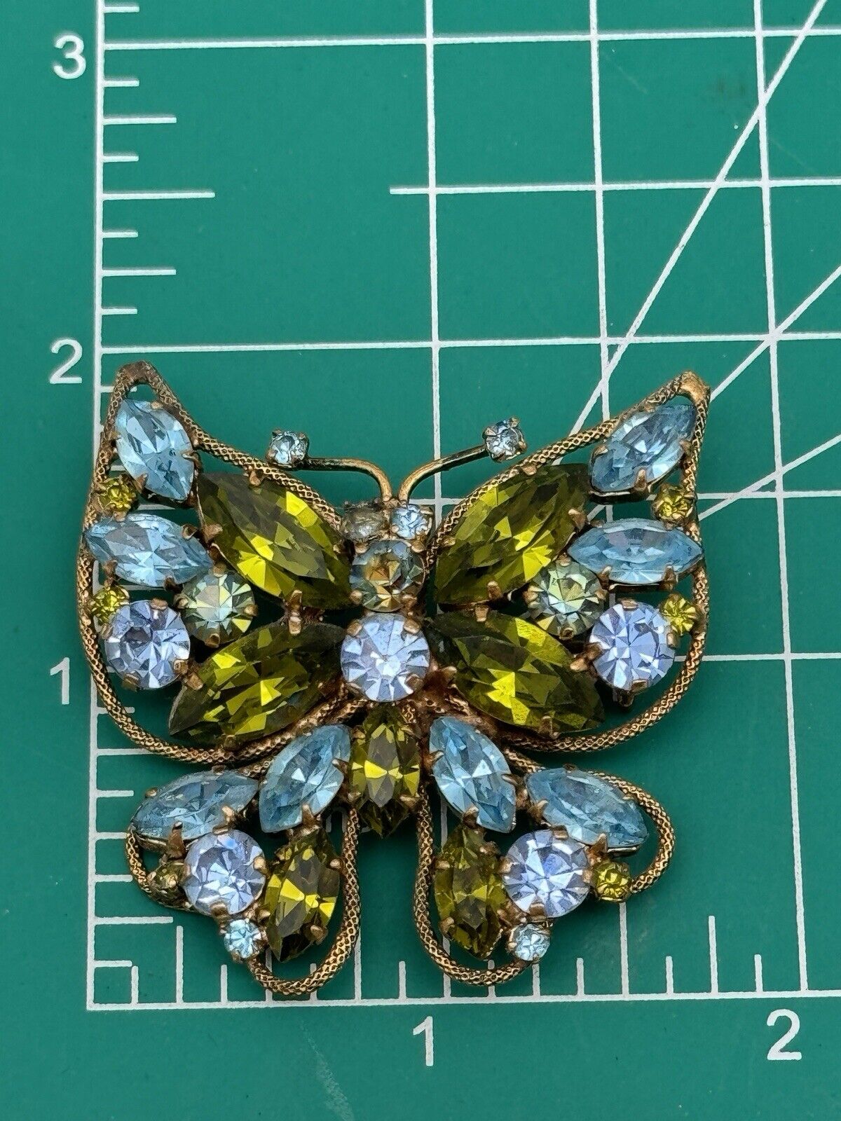 Vintage Austria Rhinestone Butterfly Brooch Signed Aqua Blue & Green