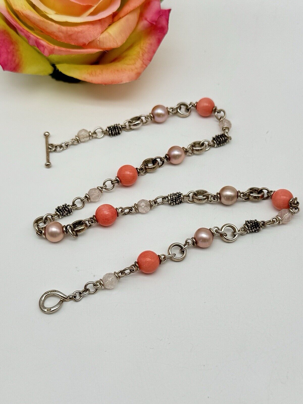 MICHAEL DAWKINS Pink PEARL And Coral BEAD STERLING SILVER NECKLACE 18”