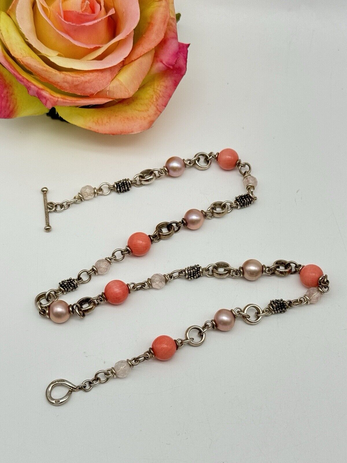MICHAEL DAWKINS Pink PEARL And Coral BEAD STERLING SILVER NECKLACE 18”