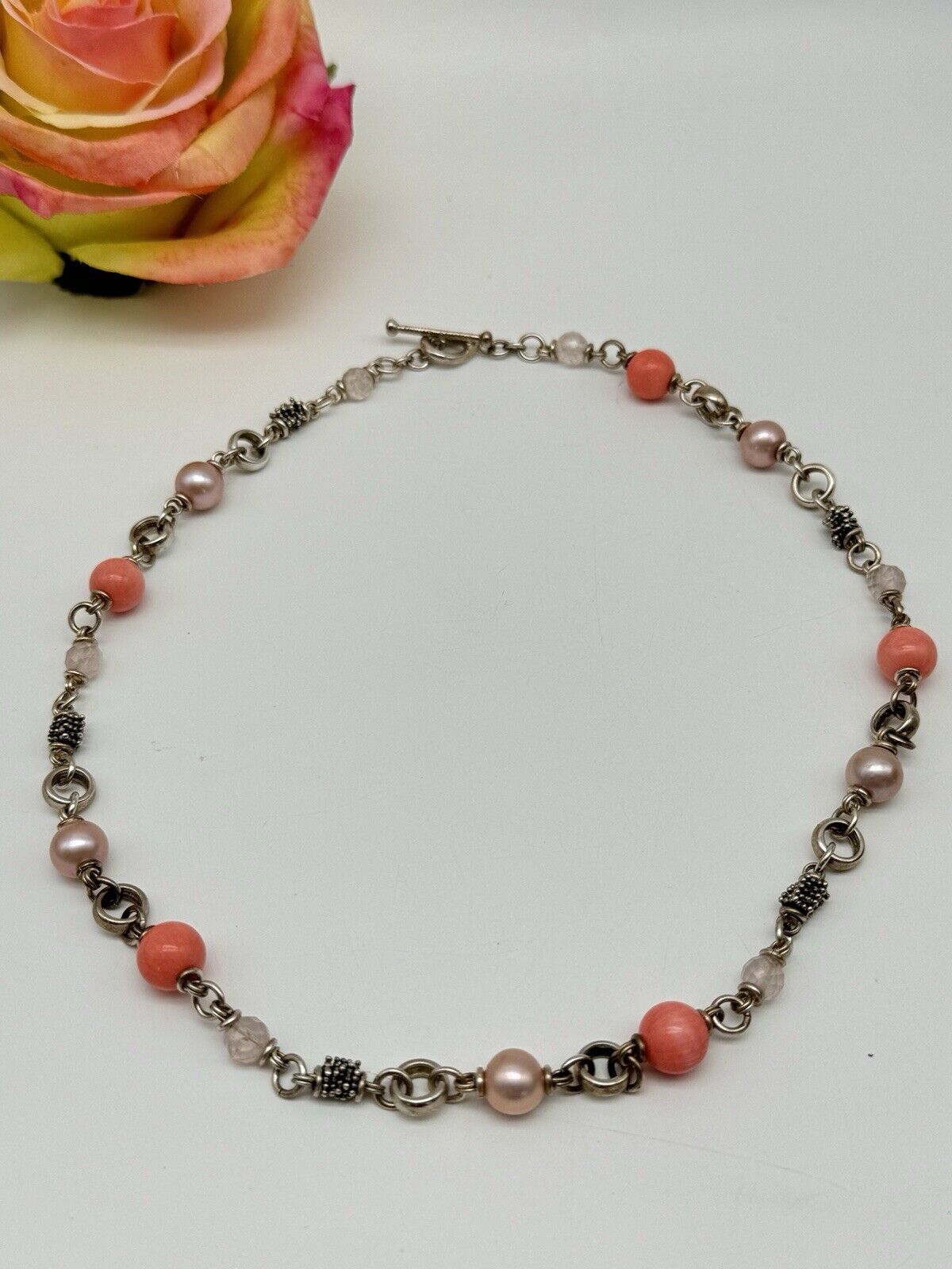 MICHAEL DAWKINS Pink PEARL And Coral BEAD STERLING SILVER NECKLACE 18”