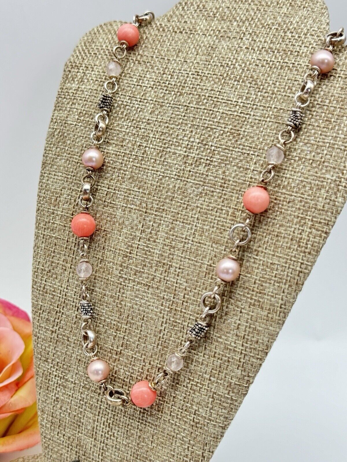 MICHAEL DAWKINS Pink PEARL And Coral BEAD STERLING SILVER NECKLACE 18”