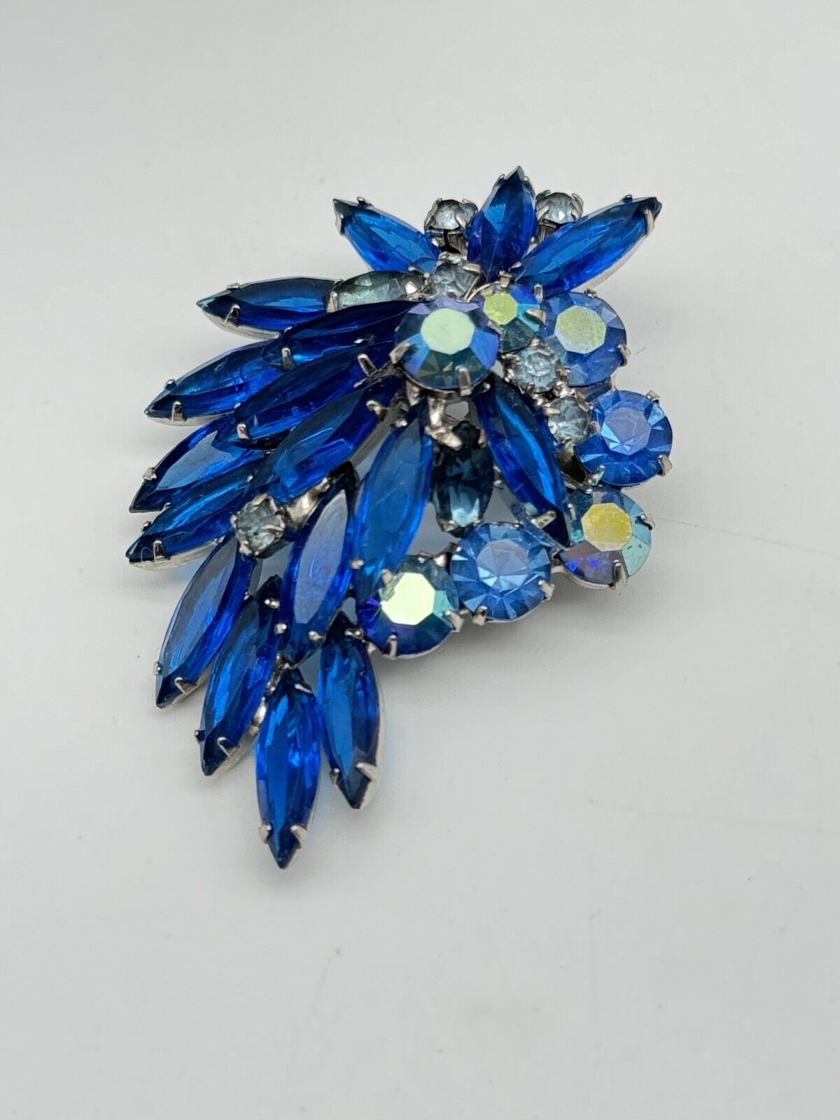 Vintage Electric Blue Rhinestone Brooch AB Accents Estate Find