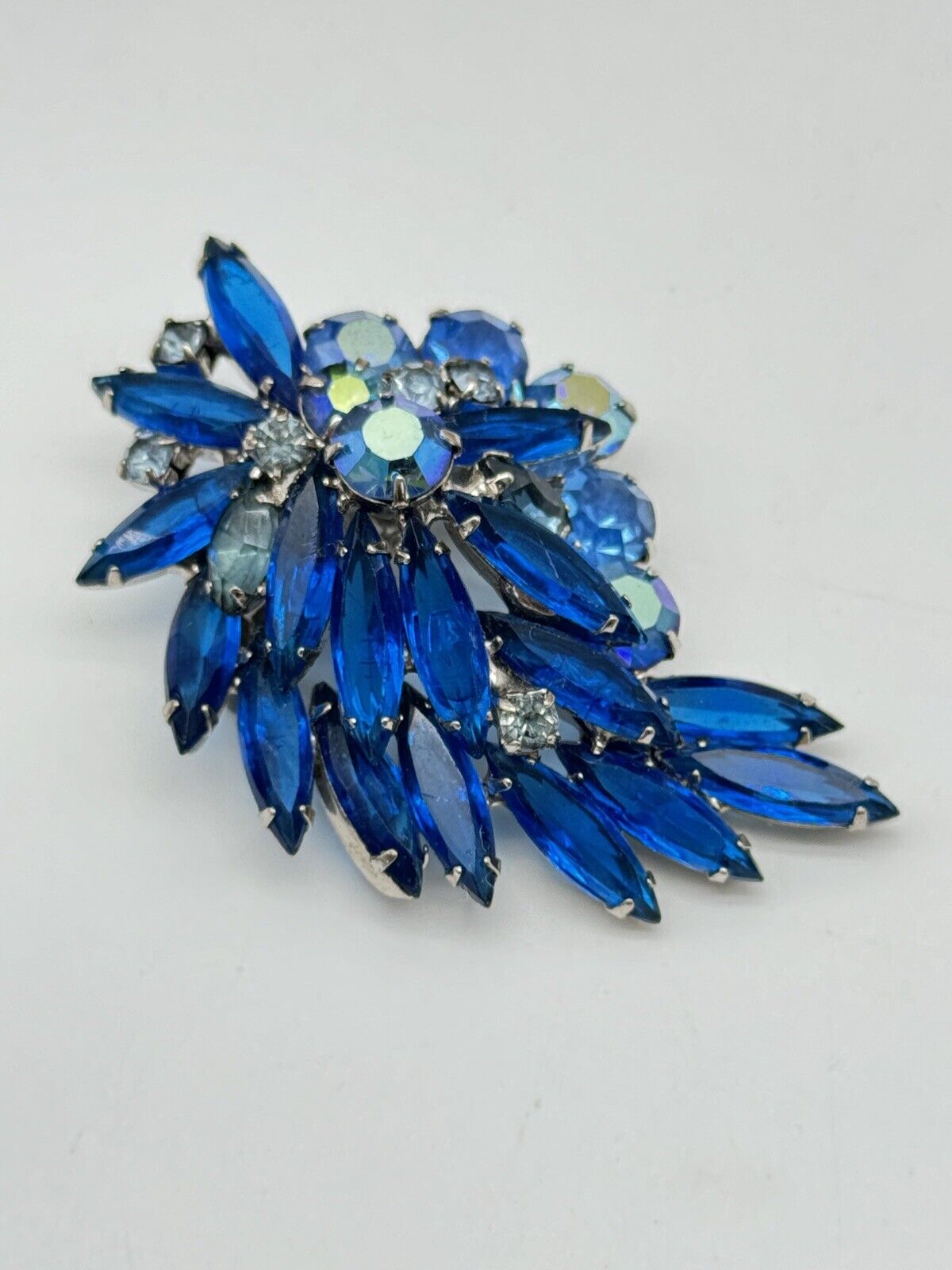Vintage Electric Blue Rhinestone Brooch AB Accents Estate Find