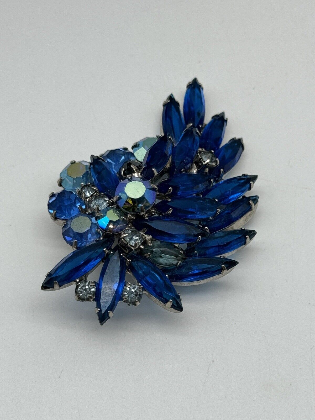 Vintage Electric Blue Rhinestone Brooch AB Accents Estate Find
