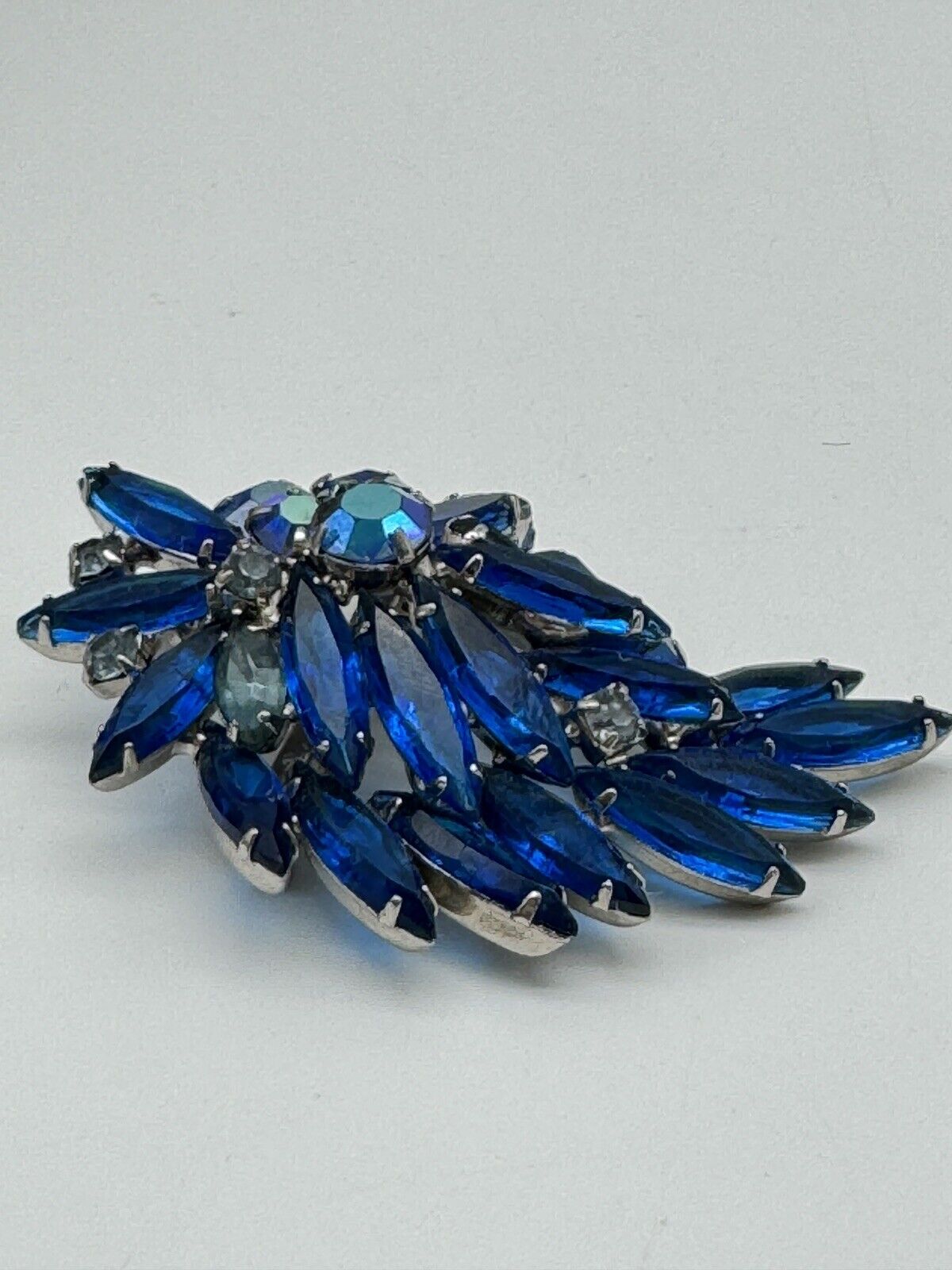 Vintage Electric Blue Rhinestone Brooch AB Accents Estate Find