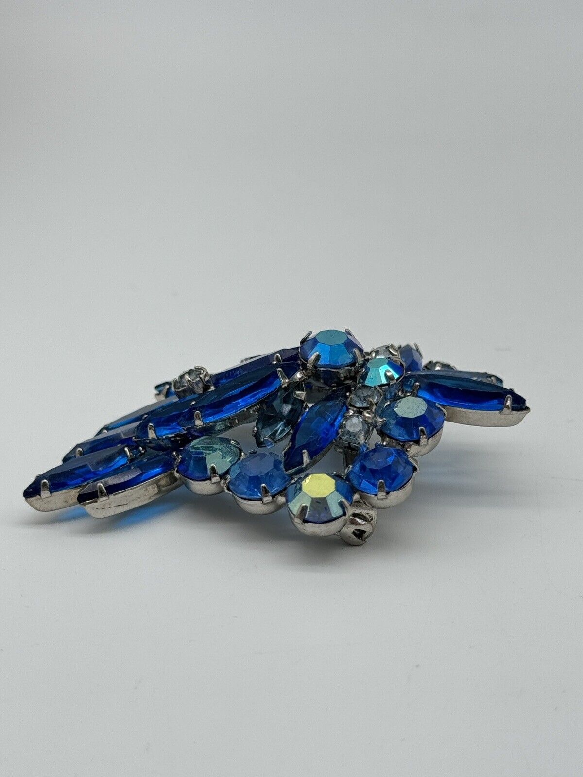 Vintage Electric Blue Rhinestone Brooch AB Accents Estate Find