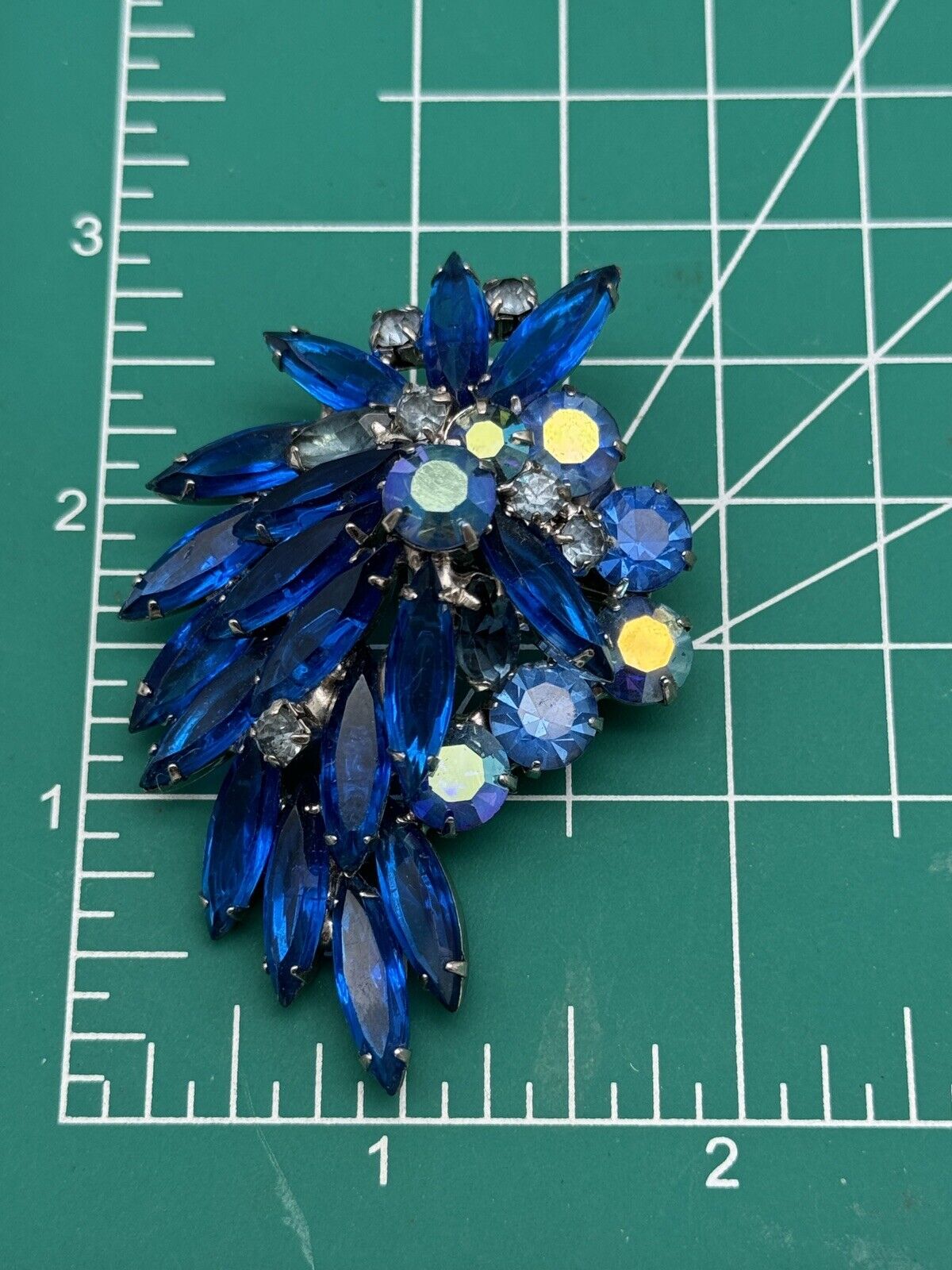 Vintage Electric Blue Rhinestone Brooch AB Accents Estate Find