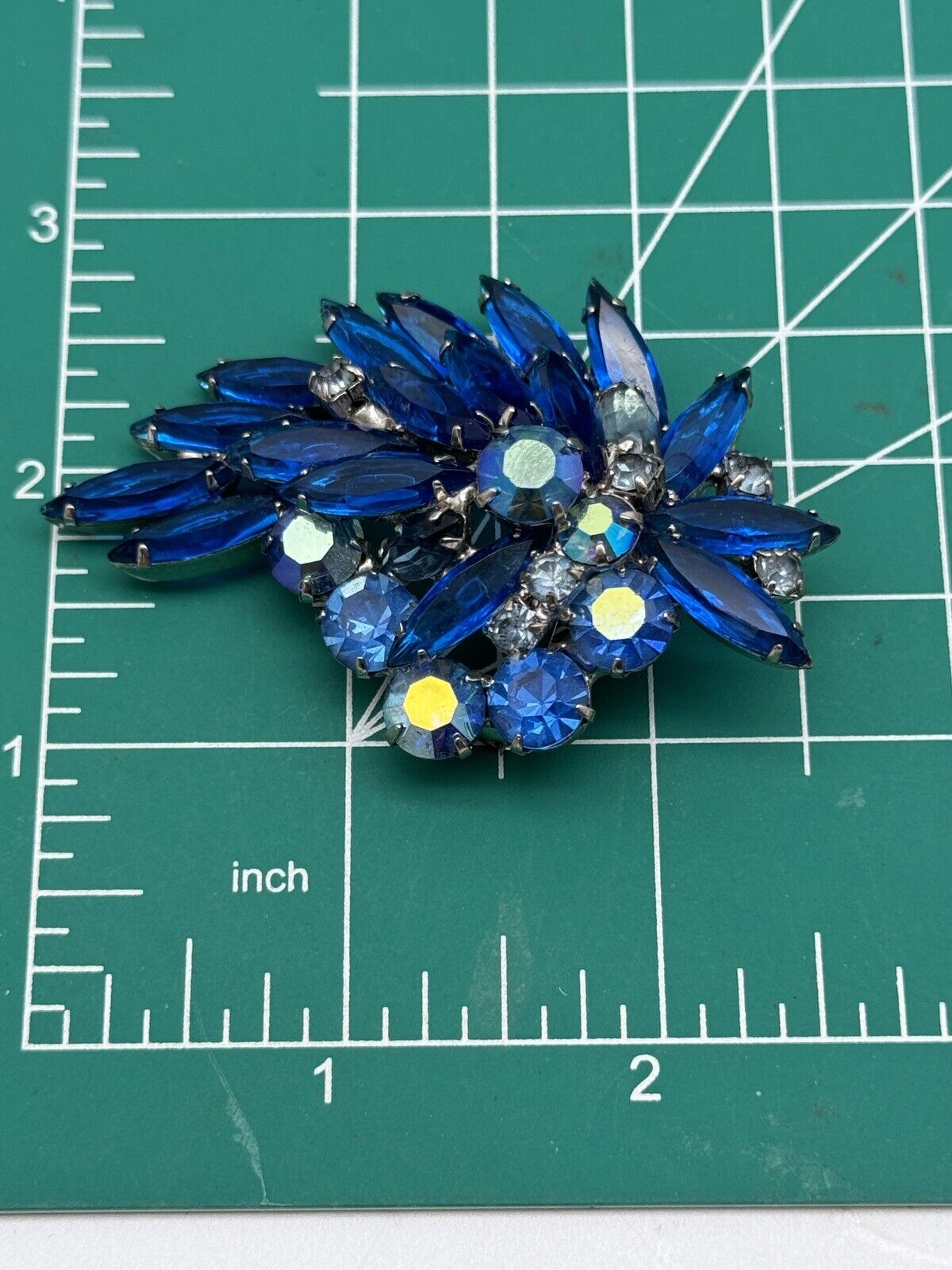 Vintage Electric Blue Rhinestone Brooch AB Accents Estate Find