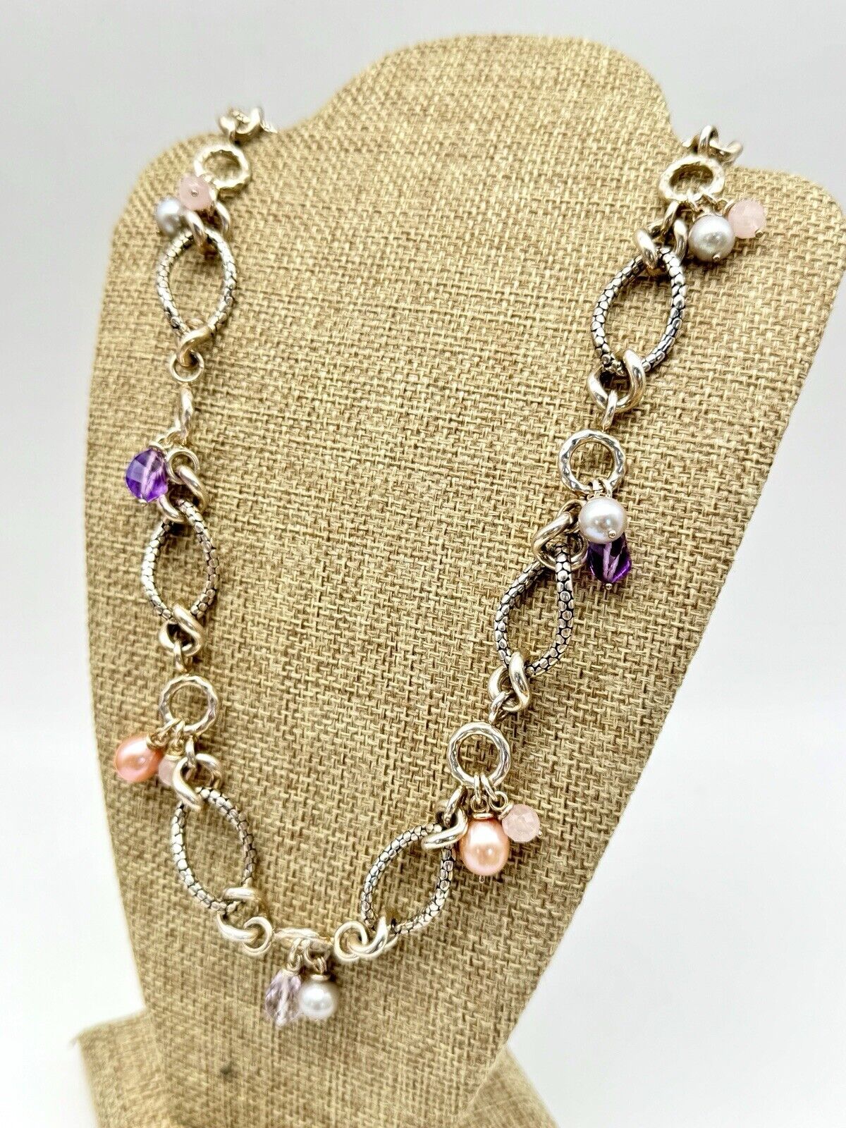 MICHAEL DAWKINS Sterling Silver Pearl Amethyst Pink Quartz Necklace 18”l