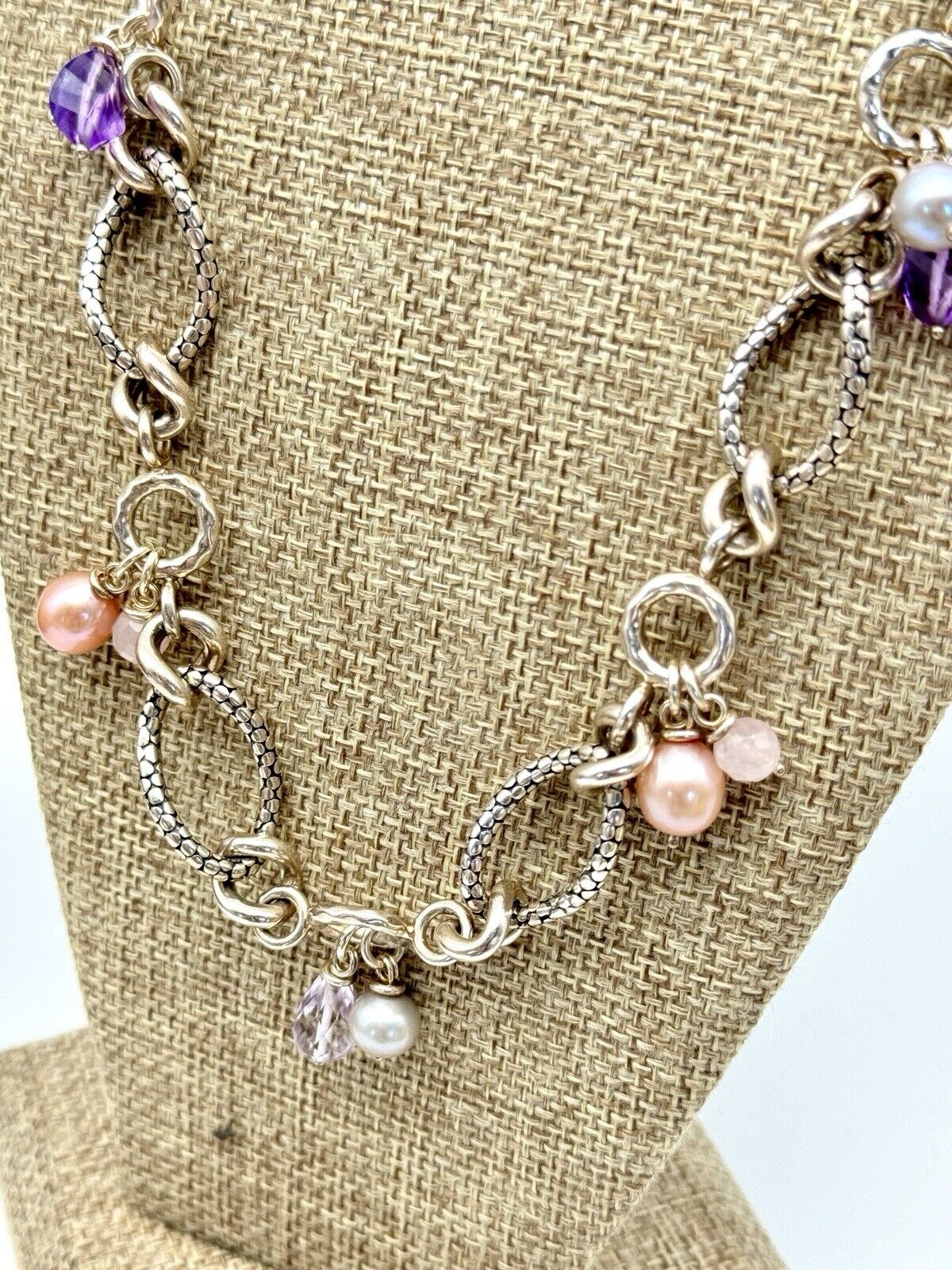 MICHAEL DAWKINS Sterling Silver Pearl Amethyst Pink Quartz Necklace 18”l
