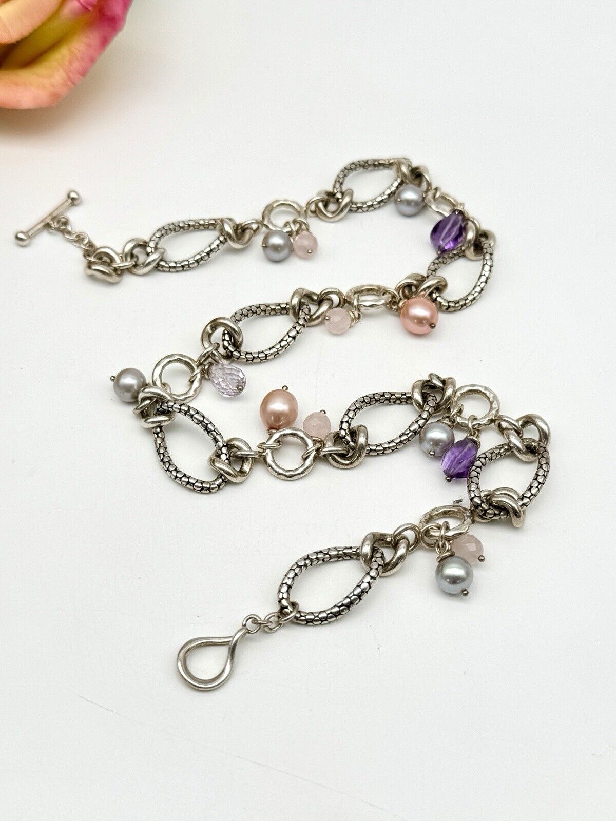 MICHAEL DAWKINS Sterling Silver Pearl Amethyst Pink Quartz Necklace 18”l