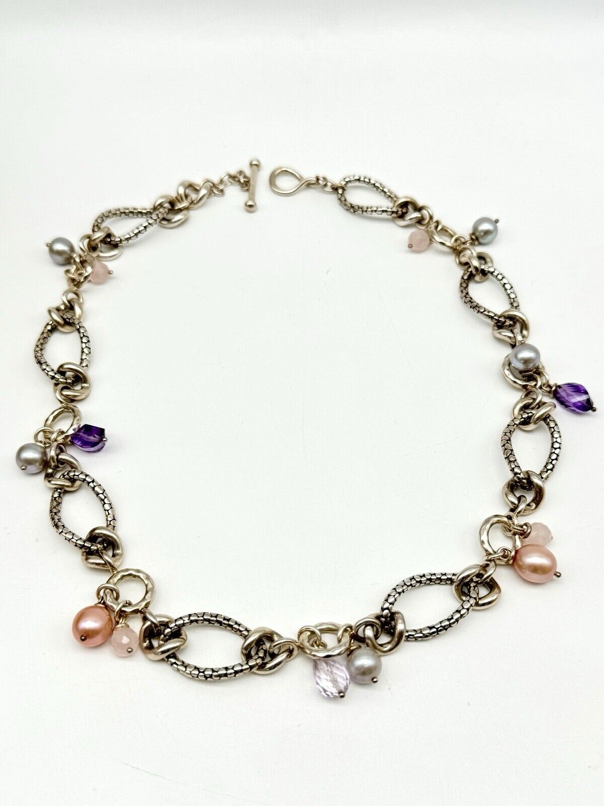 MICHAEL DAWKINS Sterling Silver Pearl Amethyst Pink Quartz Necklace 18”l