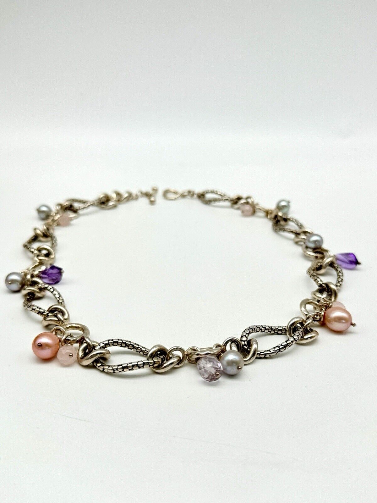 MICHAEL DAWKINS Sterling Silver Pearl Amethyst Pink Quartz Necklace 18”l