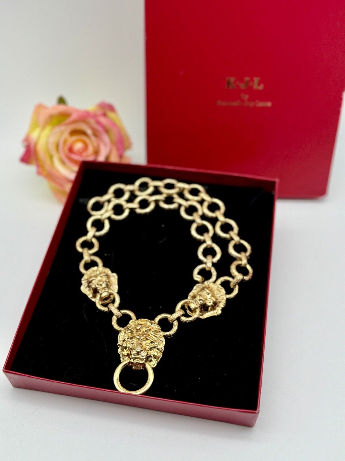 VINTAGE Kenneth Jay Lane Designer Lion Head Door Knocker Necklace with Box