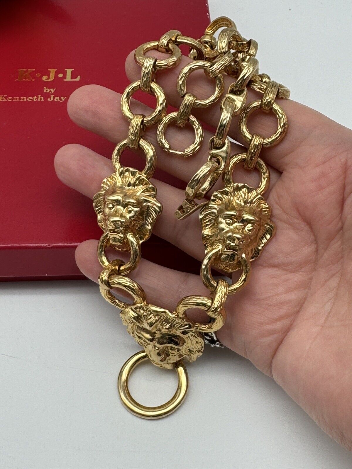 VINTAGE Kenneth Jay Lane Designer Lion Head Door Knocker Necklace with Box