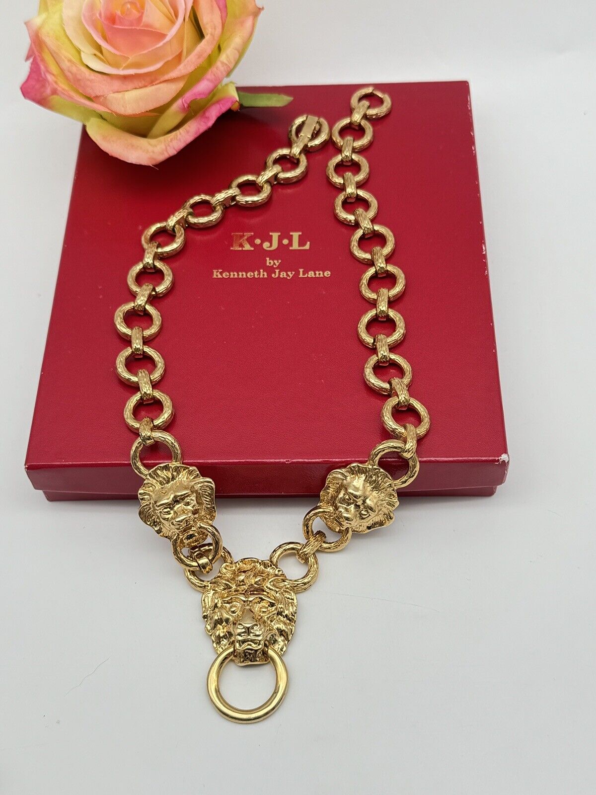 VINTAGE Kenneth Jay Lane Designer Lion Head Door Knocker Necklace with Box