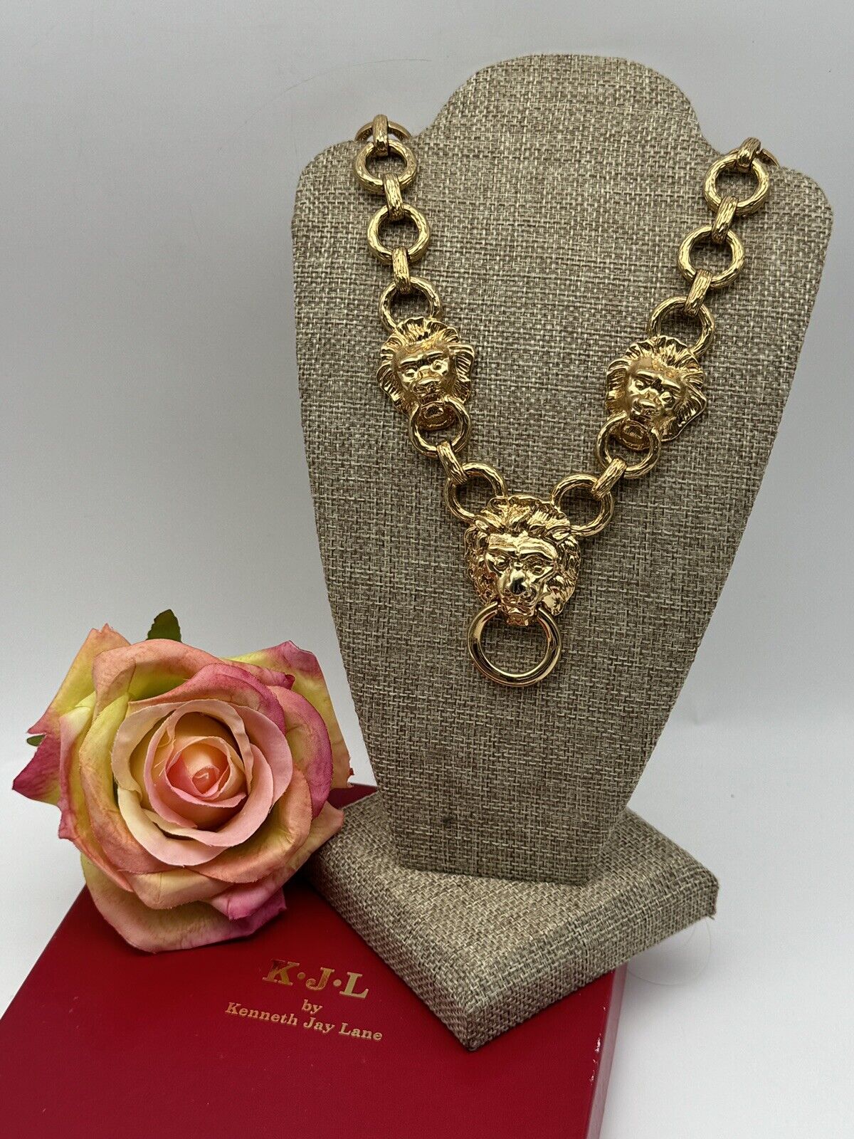 VINTAGE Kenneth Jay Lane Designer Lion Head Door Knocker Necklace with Box