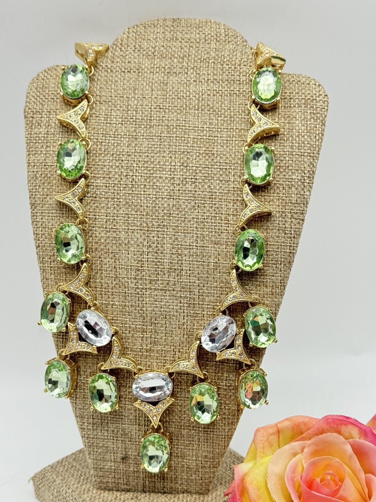 Vintage SIGNED SCAASI Green, Clear, Gold Tone Necklace STATEMENT PIECE