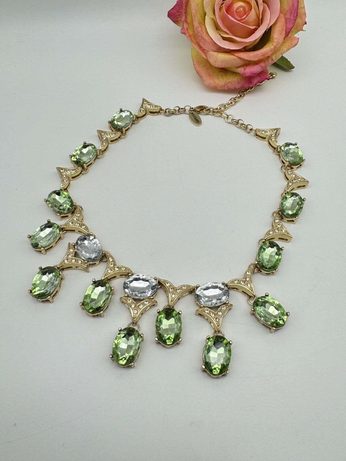 Vintage SIGNED SCAASI Green, Clear, Gold Tone Necklace STATEMENT PIECE