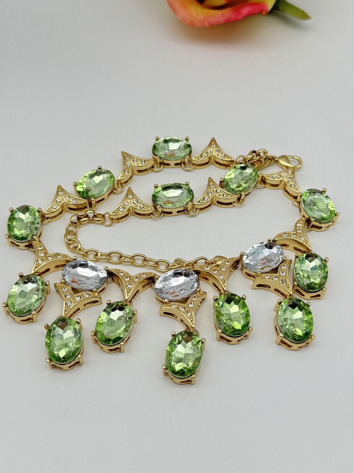 Vintage SIGNED SCAASI Green, Clear, Gold Tone Necklace STATEMENT PIECE