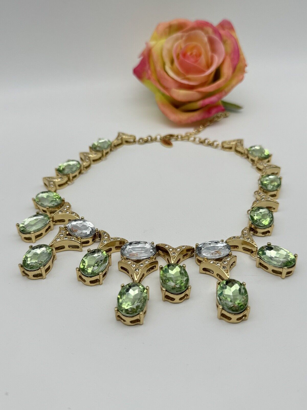 Vintage SIGNED SCAASI Green, Clear, Gold Tone Necklace STATEMENT PIECE